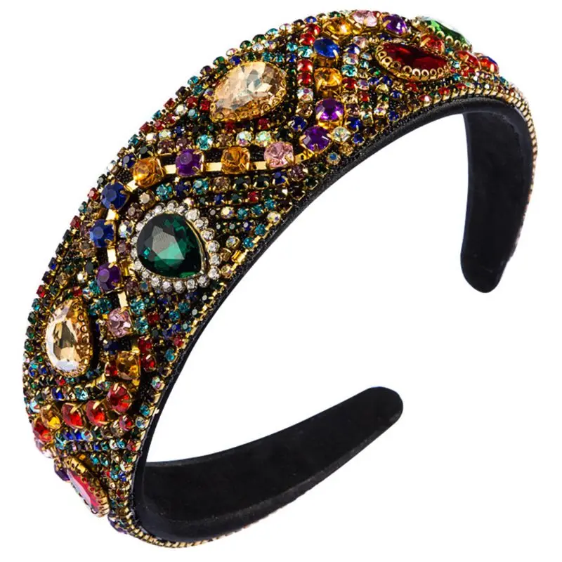 

Baroque Colorful Rhinestone Bandana Water Drop Faux Crystal Inlaid Wide Hair Hoop Wavy Metal Chain Shimmer Headband