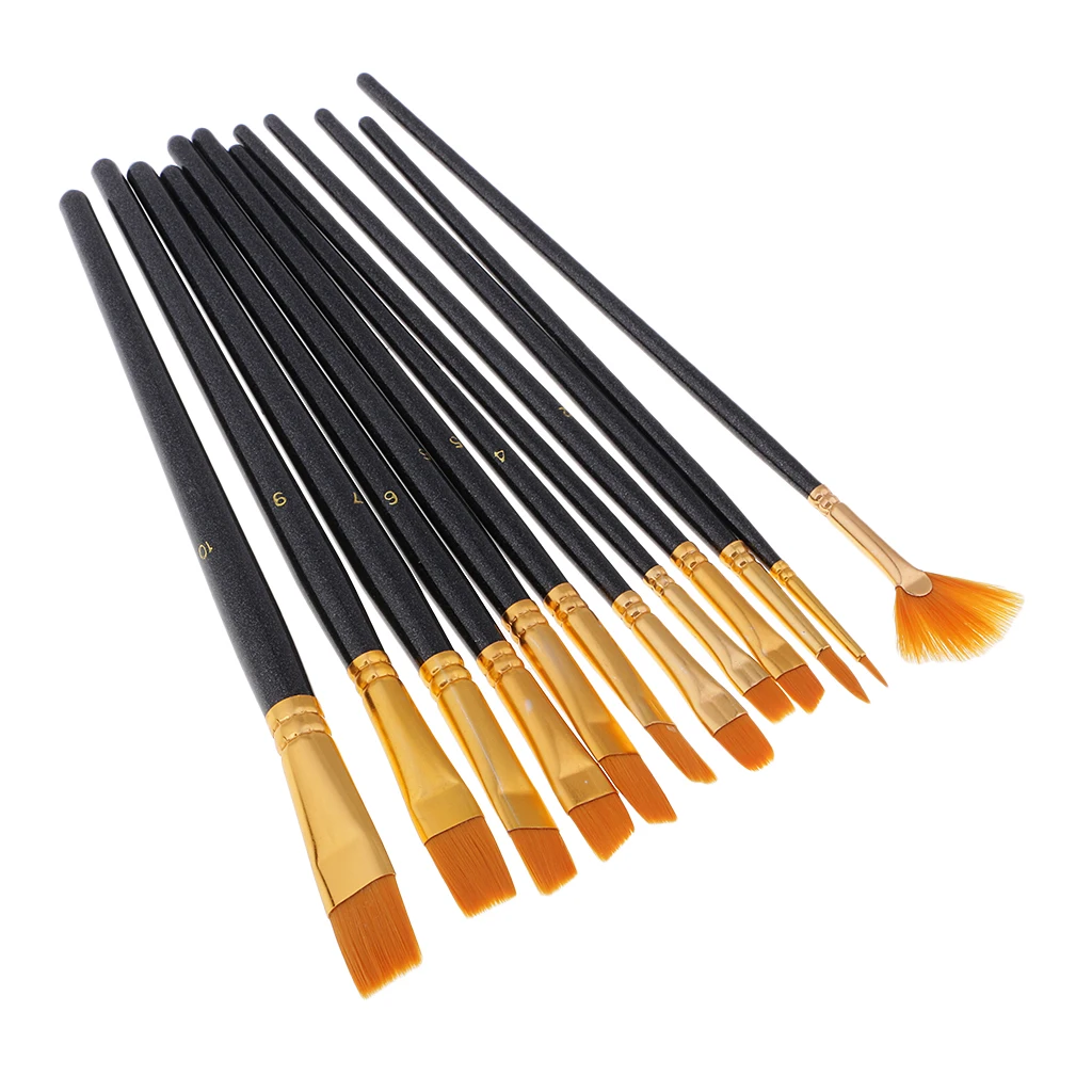 

12Pcs Assorted Pointed-Round Fan Shaped Nylon Hair Artist Paint Brushes Set