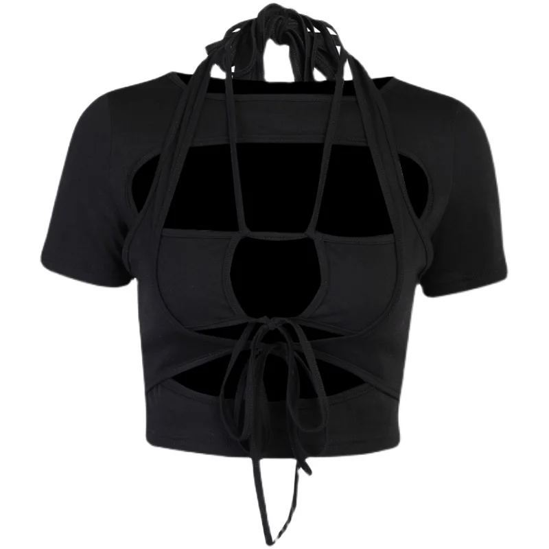 

XUXI Women TShirt Hollow Out Drawstring Short Sleeve T-shirt Slim Cropped Crop Top Female Summer 2021 E1290