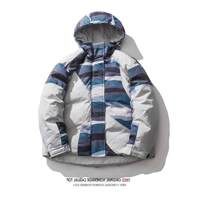 

Men Hooded Parkas Jacket Winter Print Fashion Casual Thick Women Warm Loose Patchwork Couple Coat Japanese