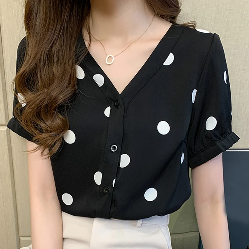 

Blusas Mujer De Moda 2021 блузка, женское платье с v-образным воротом, в горошек, шифоновая блузка, рубашка, летние шорты с длинным рукавом Женские рубаш...