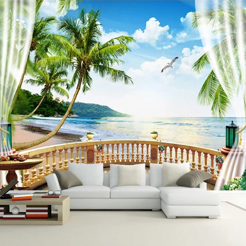 

Custom 3D Poster Photo Wallpaper Curtain Balcony Seaside Palm Tree Beach Landscape Wall Mural Living Room Dining Room Decoration