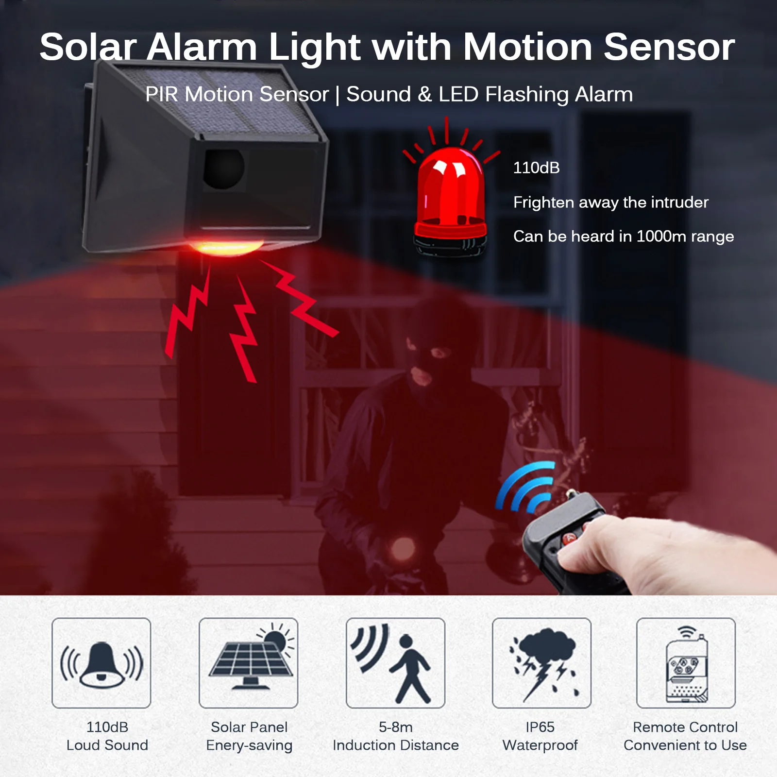

Motion Sensor Solar Alarm Light 110dB Loud Siren LED Strobe Lights with RF433MHz Remote Controller IP65 Waterproof Rechargeable