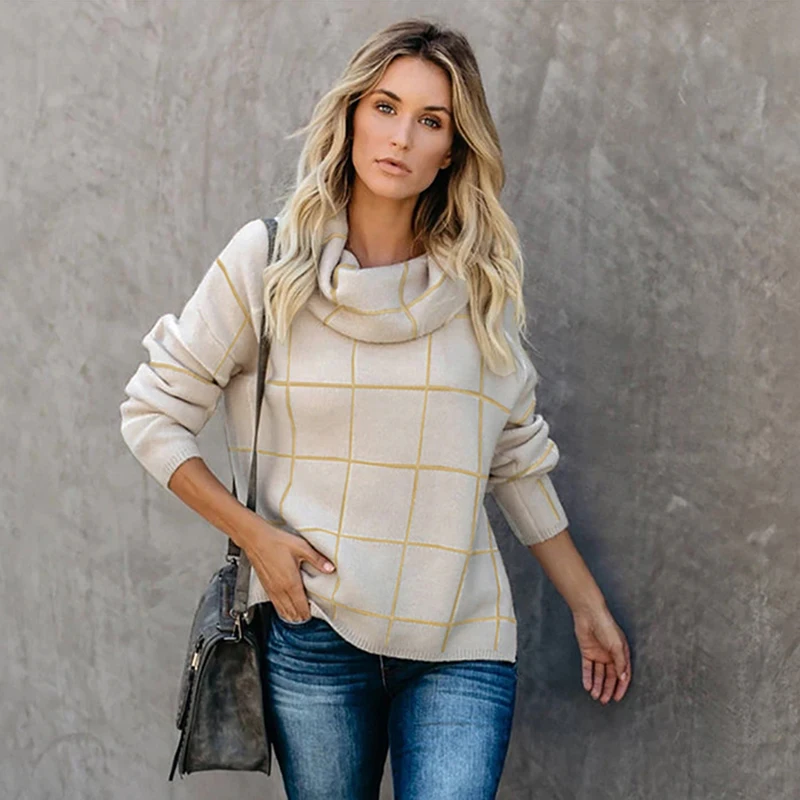

Plaid High Neck Drop Shoulder Winter Sweater loose women's Pullover knitted sweater Street winter fashion Casual Sweaters Y13