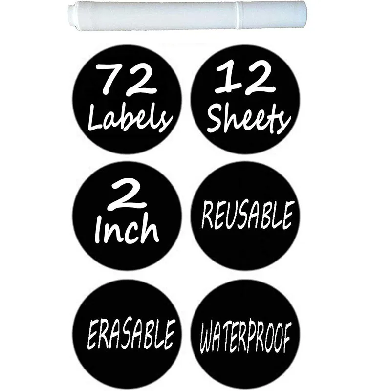 72 Round Chalkboard Mason Jar Lid Canning Labels for Food Storage, Pantry, Spice Jars & Freezer!Waterproof Black Label Stickers