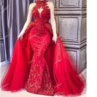 red halter lace evening dresses detachable train beads robe de soiree celebrity prom wedding party gown vestidos de fiesta noche