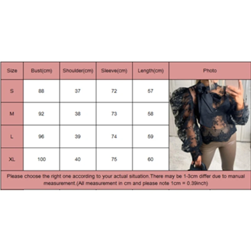 

New Fashion Women Floral Lace Sheer Mesh Blouse Top Long Puff Sleeve Bow Tie Slim See-through Shirts Ladies Loose Casual Tops