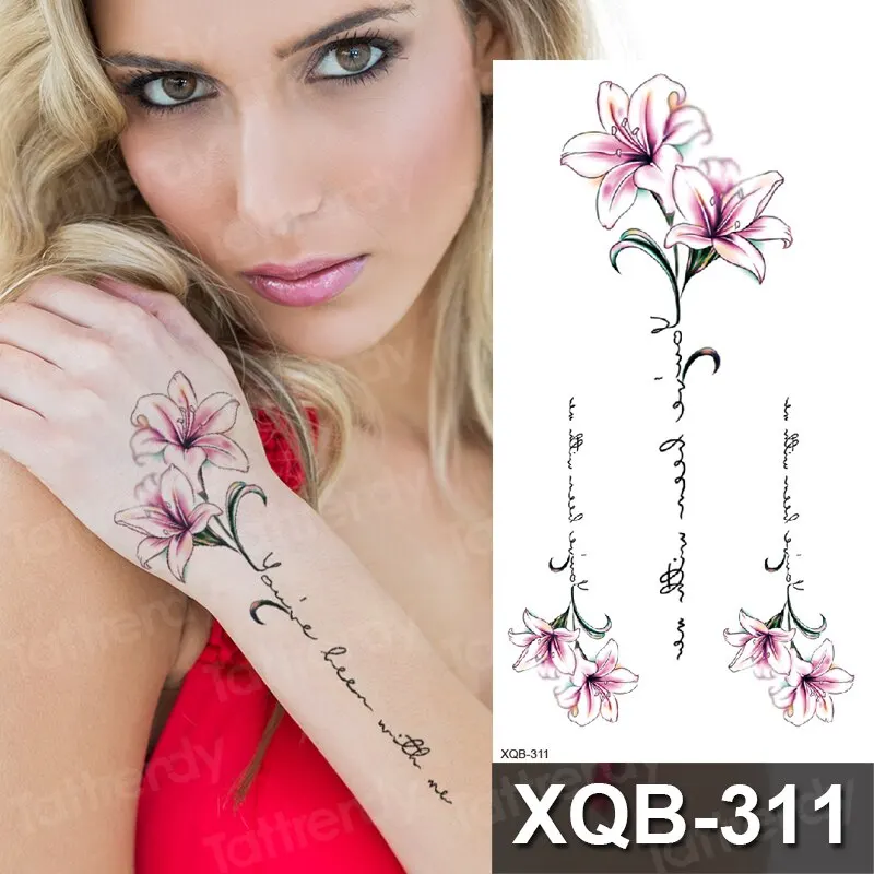 

Temporary tattoo flower lily sunflower bird sleeve tattoo arm band hand tattoo sticker girl fake waterproof body tattoos letter