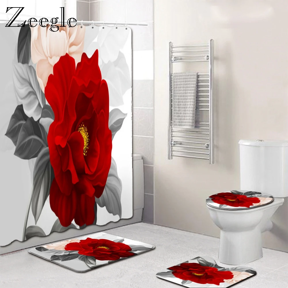 

Zeegle 3D Floral Pattern Bathroom Mat Set Non-Slip Bath Kitchen Carpet Doormats Decor Carpet with Shower Curtain 4PCS
