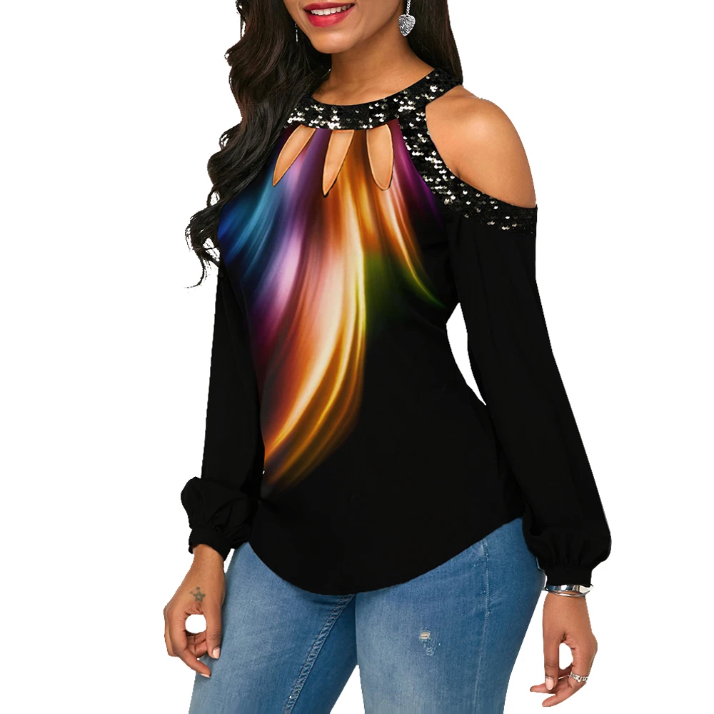 Женская футболка с длинным рукавом и блестками принтом|Футболки| |