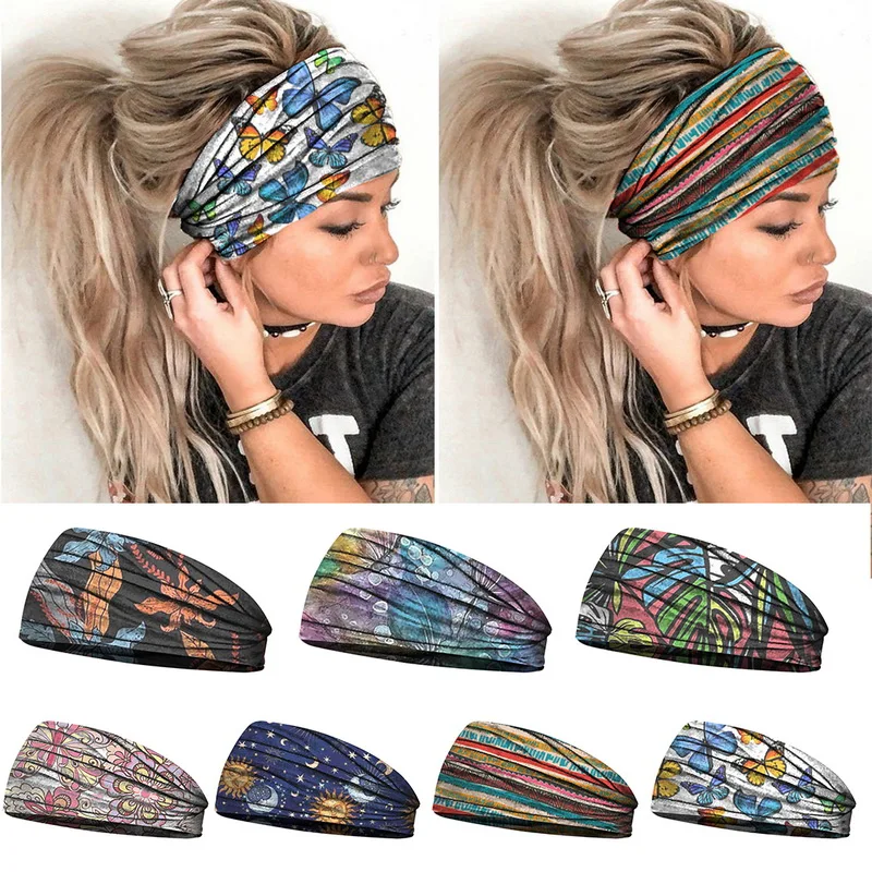 

Women Wide Sports Yoga Headband Stretch Hairband Elastic Print Hair Band Boho Turban Hair Accessories Sweatband 2020 New