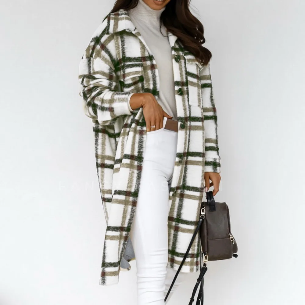 

2021 Winter Checked Women Thick Woolen Blends Jacket Turn Down Overcoat Thin Plaid Long Coat Oversize Retro Female Streetwear