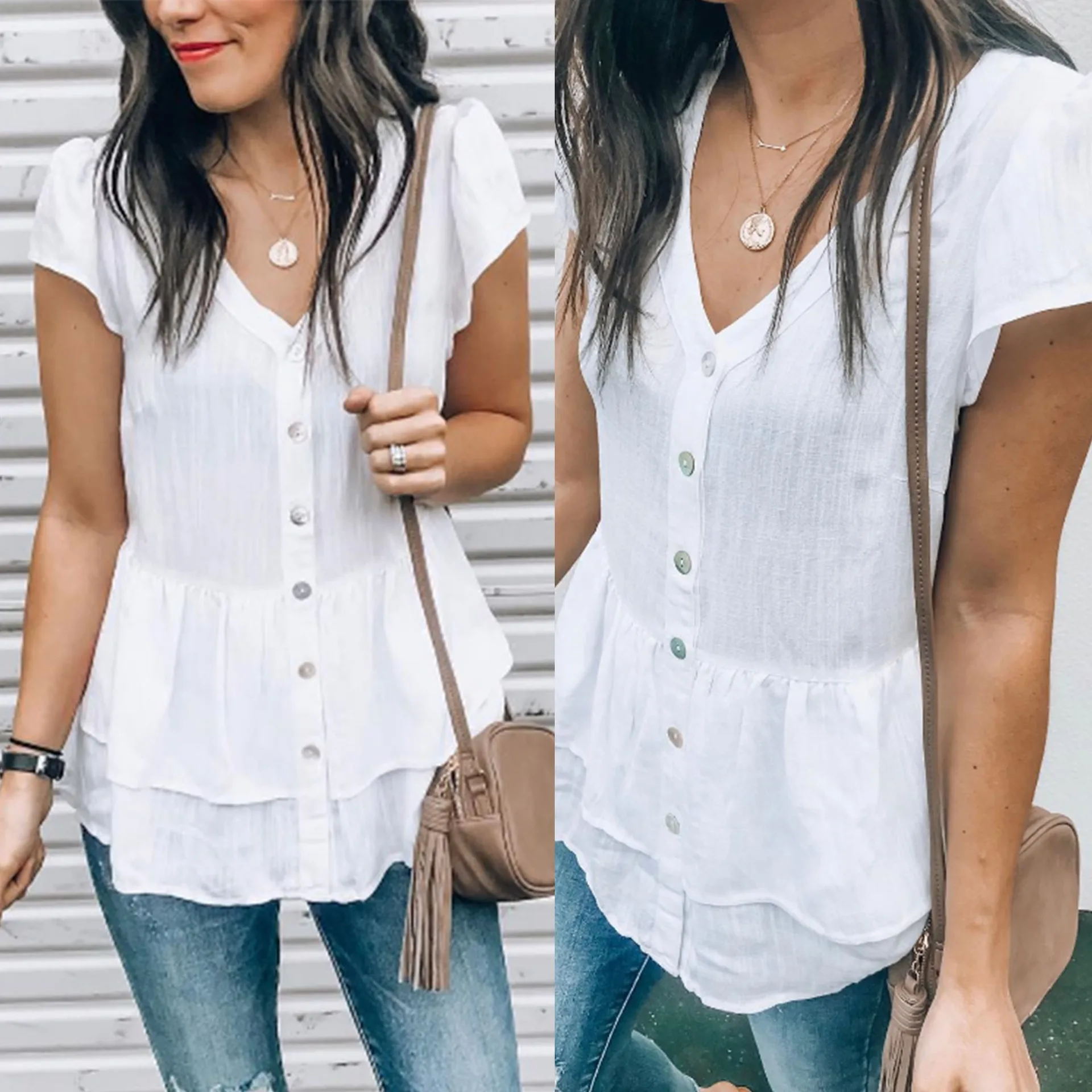 2019 Летняя женская рубашка с рюшами на пуговицах v образный вырез короткий рукав