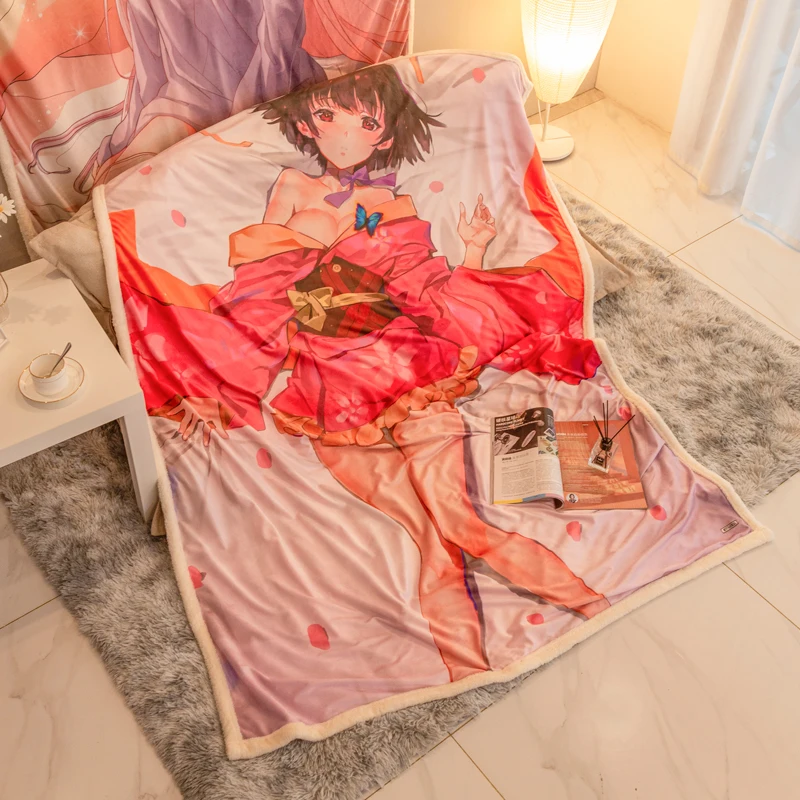 

Одеяло с принтом японских комиксов для девочек, плюшевое флисовое теплое украшение, мягкое постельное белье, домашнее диванное одеяло Otaku, подарок для детей