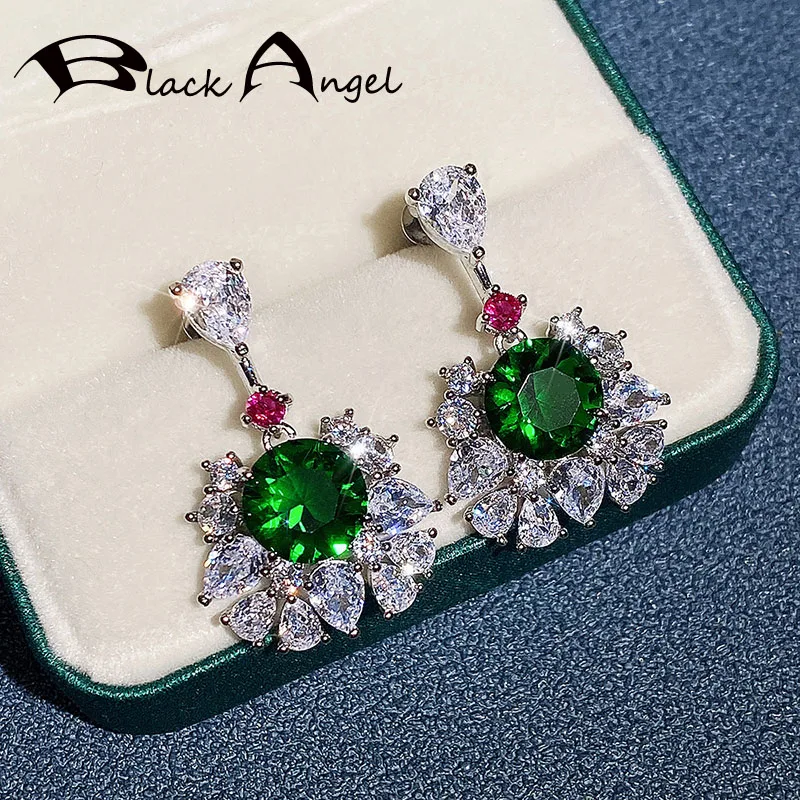 

BLACK ANGEL High-End Palace Style Luxury Drop Earrings for Women Inlaid Shiny Emerald Green Zircon Silver Earrings Fine Jewelry