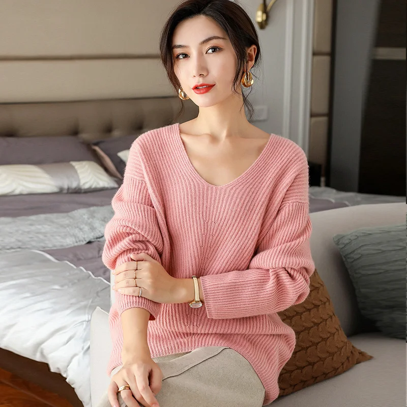 Женский свободный свитер с v-образным вырезом ALKMENE вязаный кашемировый большого