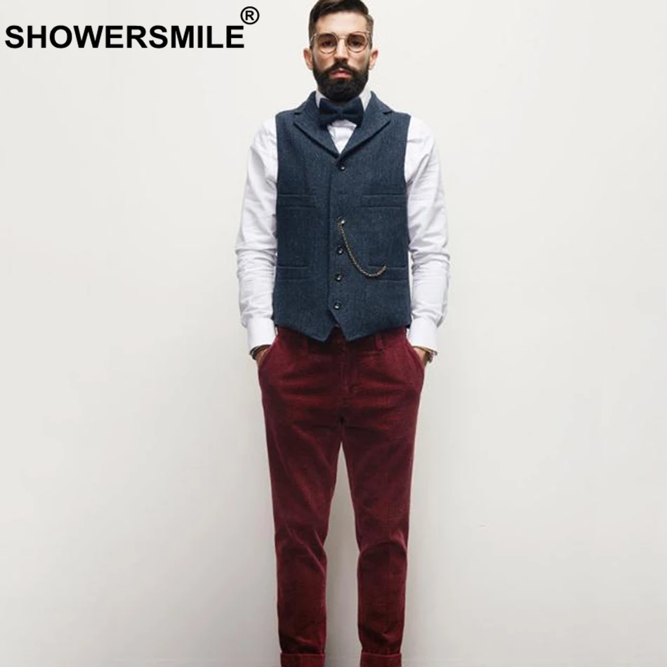SHOWERSMILE твидовый жилет мужской жилет в елочку коричневый винтажный жакет без рукавов мужские карманы Ретро Тонкий Повседневный Осенний жилет