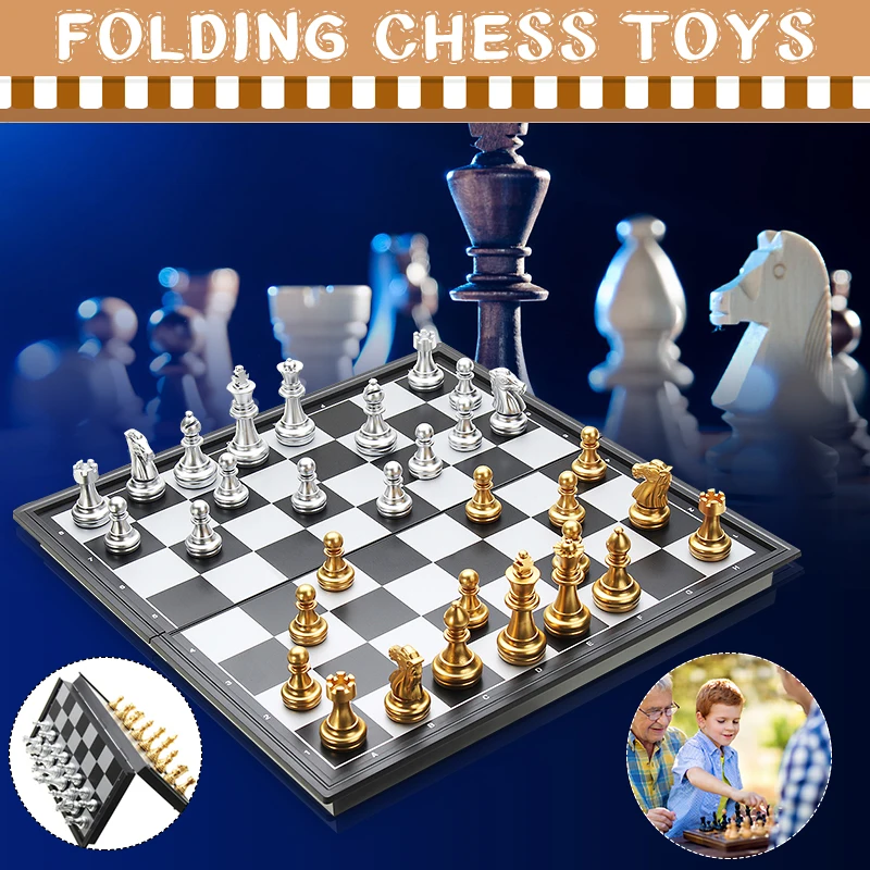 

25x25cm Hot Folding Magnetic Travel Chess Set For Kids Or Adults Chess Board Game Gold Silver Chess Pieces
