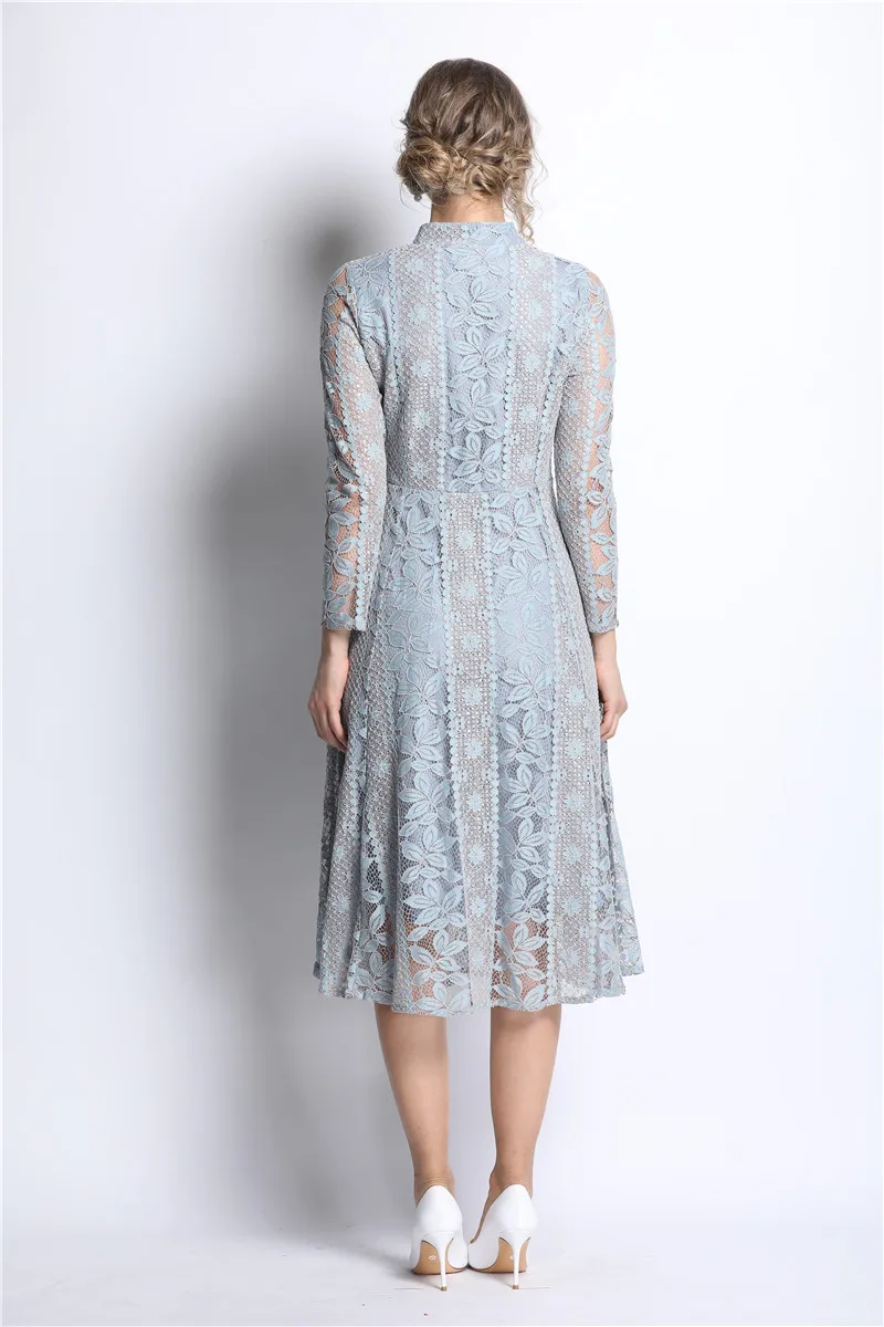 

Women Autumn Designer Elegant Sexy Lace Shirt Dress Floral Office Lady Party Robe Ladies Vintage A-Line Midi Dresses Vestidos