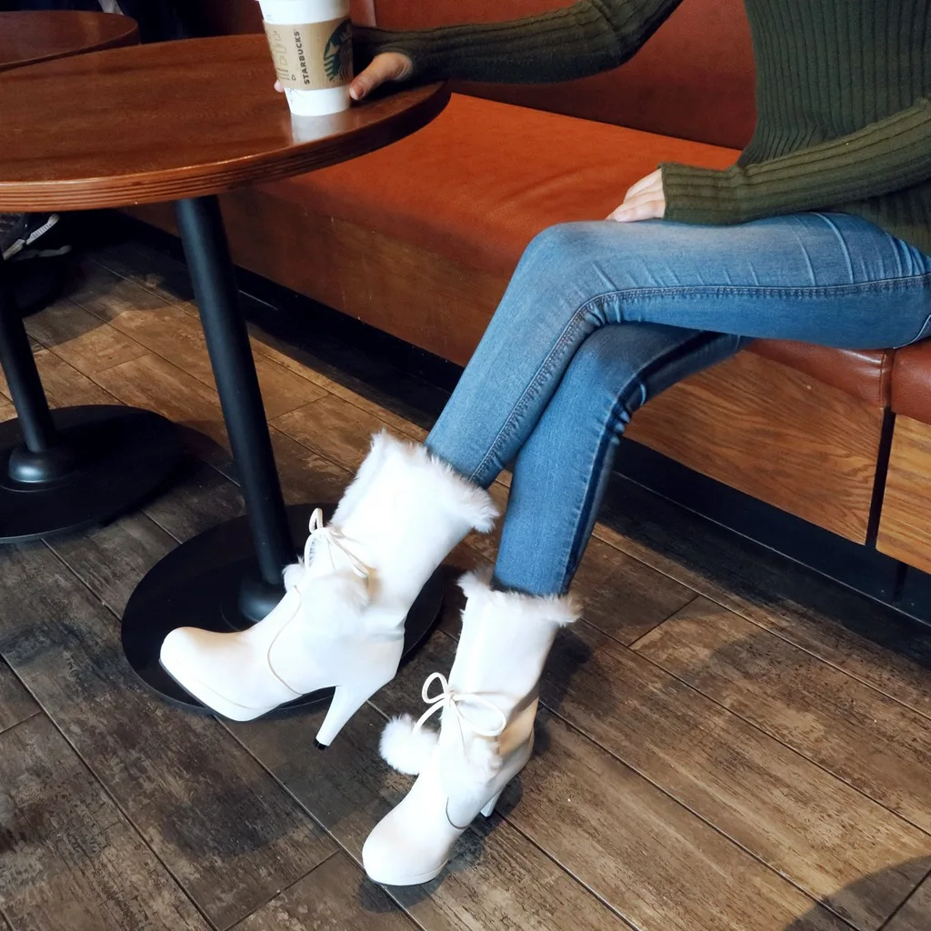 

2021 Autumn And Winter New High-heeled Short Women's Leather Boots Short Fluffy Fringed Sweet Snow Boots Large Size 43