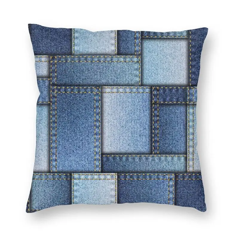 

Blue Denim Patchwork Cushion Cover 45x45cm Decoration Print Jeans Texture Pattern Throw Pillow Case for Sofa Double Side