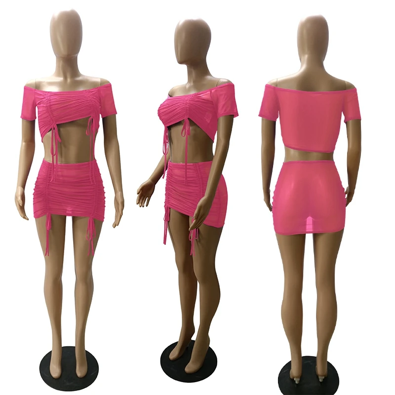 

Mesh Sheer Two Piece Summer Outfits Off Shoulder Crop Top Bandage Bodycon Mini Skirt Sexy Clubwear Matching Dress Sets