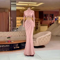 pink simple elegant mermaid evening dresses high neck long sleeves women formal occasion prom party gowns plus size custom made