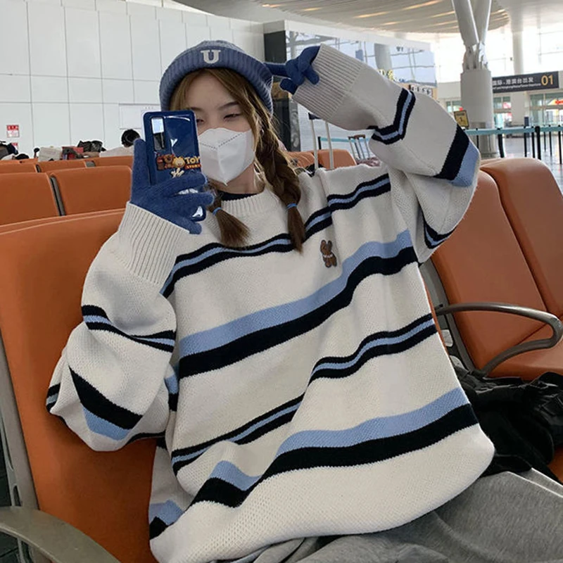 

Korean Autumn Winter O-Neck Casual Knitted Sweaters Womens Stripe Loose Unisex Contrast Color Harajuku Long Sleeve Y2K Clothes