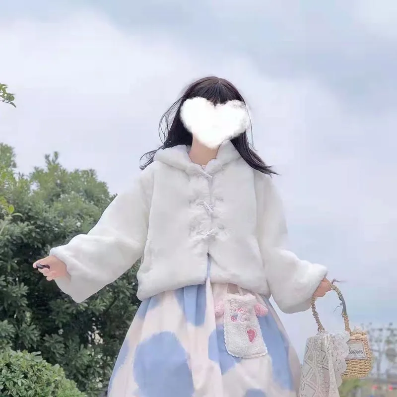 

Vintage Kawaii White Soft Girls Cartoon Anime Ears Hooded Fur Jackets Japanese Sweet Women Plush Teddy Coat Female Lolita Jacket