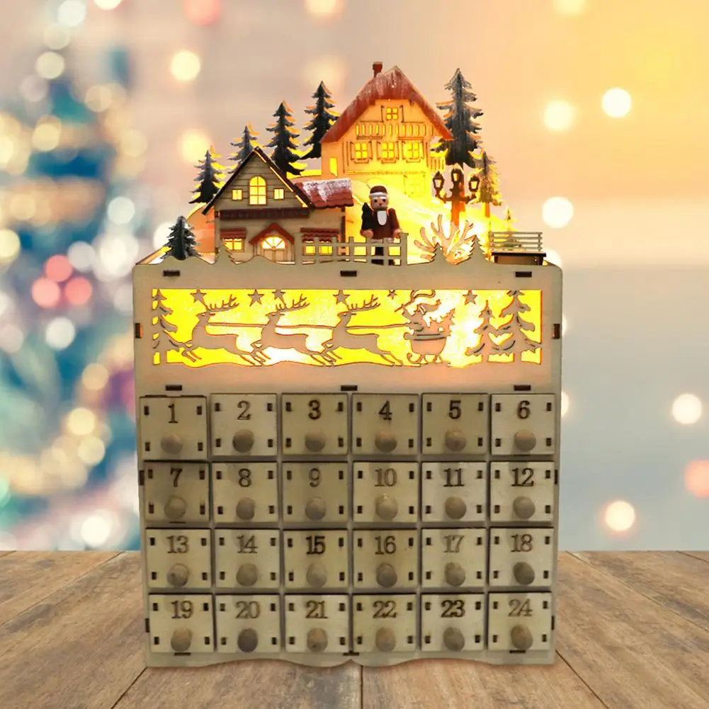 

Christmas Wooden Advent Calendar LED Light House Santa Claus Countdown Ornament For Home Cabinet Countdown Decor