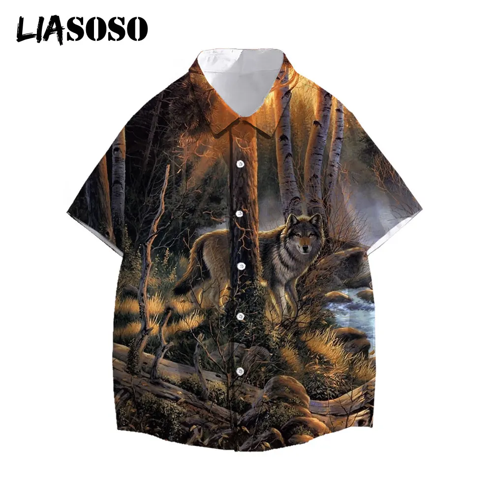 

LIASOSO 2021 Men Women 3D Print Animal Wolf Short Sleeve Casual Shirts Streetwear Beach Hawaiian Shirts Retro Tops