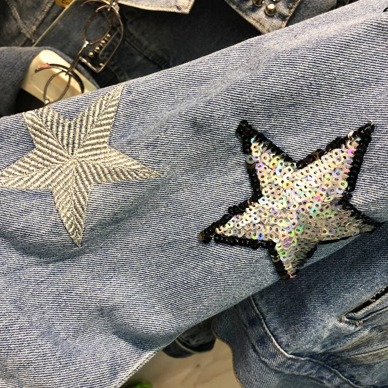 Новинка 2020 джинсовая куртка Женская тяжелая работа блестящая пятиконечная