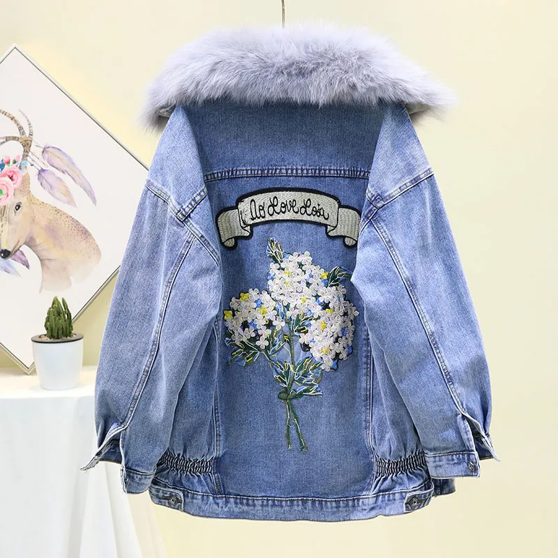 Зимняя Толстая джинсовая куртка с вышивкой съемный для женщин Кролик меховым