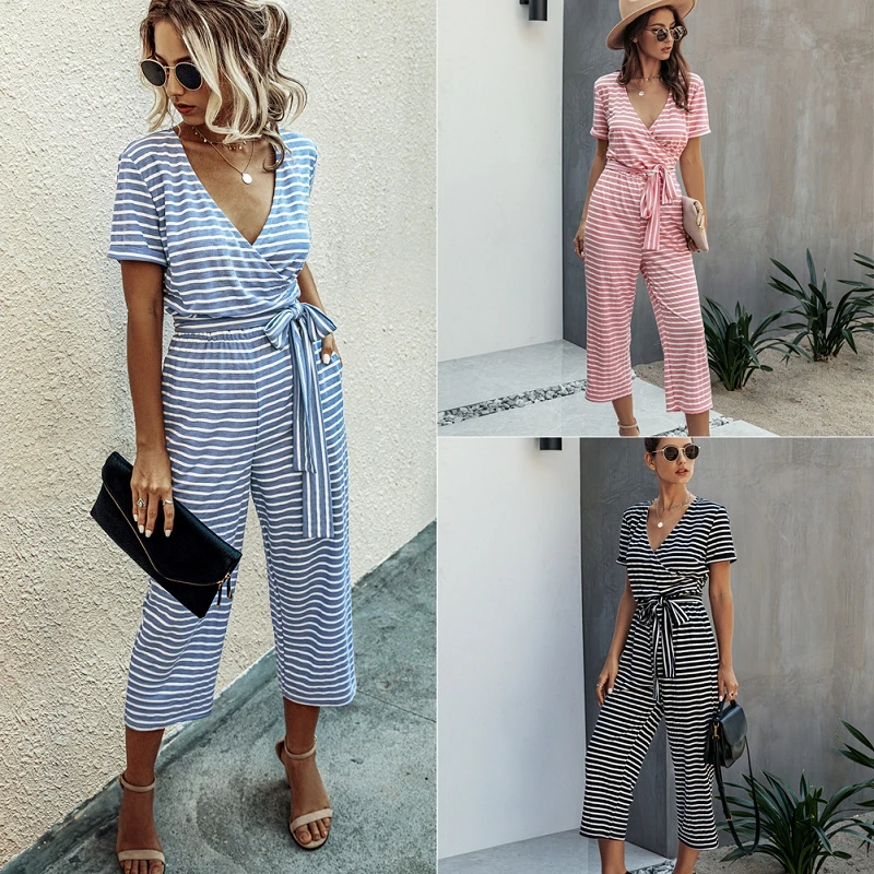 

2021 Fashion Jumpsuits for Women Striped V-neck Short Sleeve Lace-up Skinny Overalls Casual Loose Outfits Streetwear Rompers