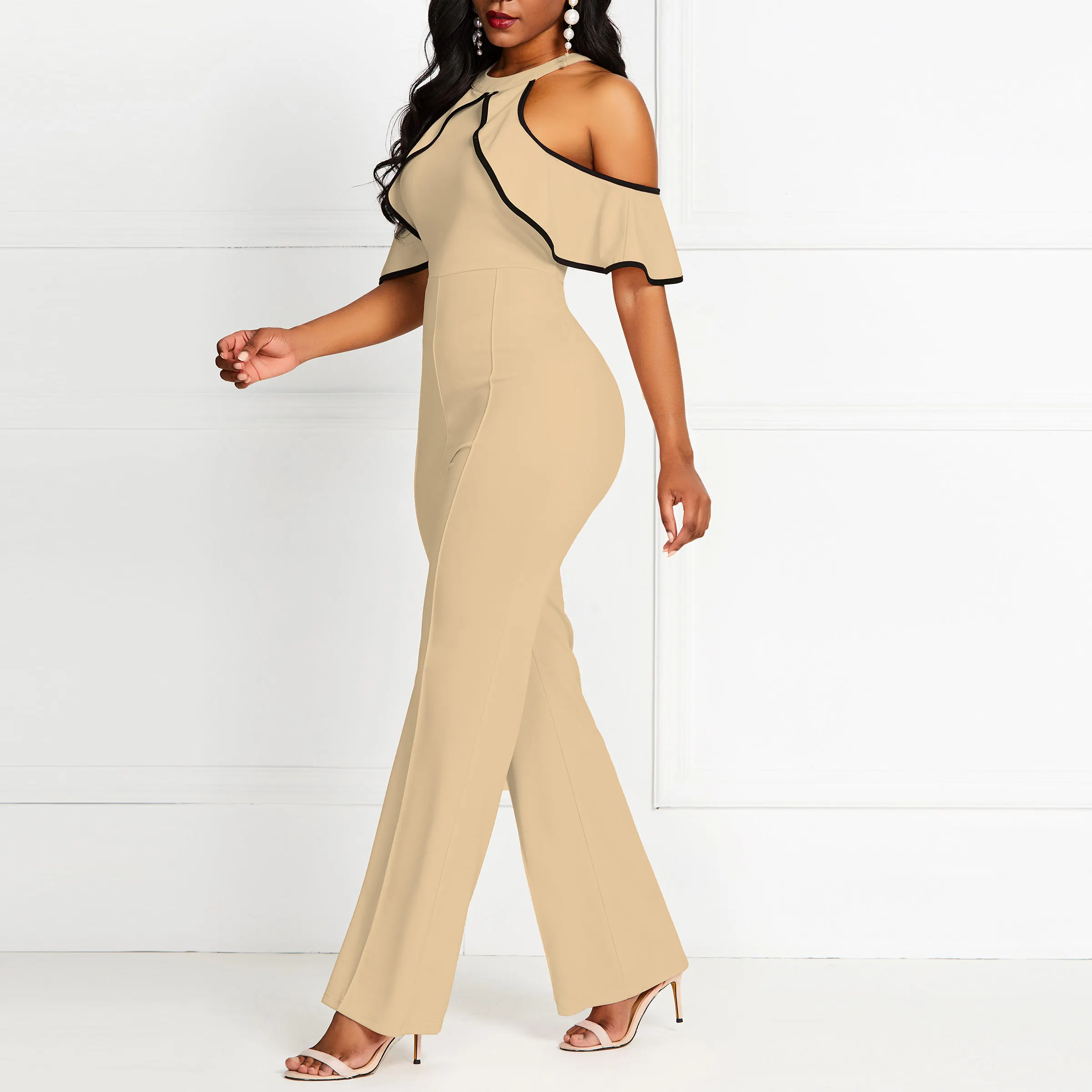 Женский винтажный комбинезон облегающий с высокой талией прямой оборками |