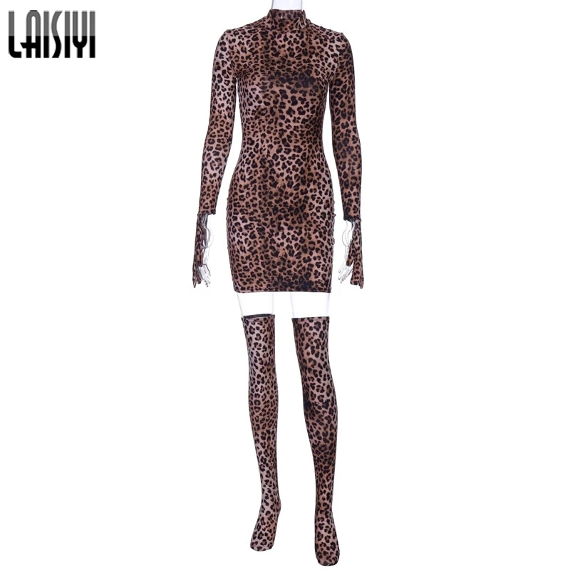 

LAISIYI 2021 Leopard Print Sexy Mini Dress With Gloves Socks Spring Winter Women Streetwear Club Party Chirstmas Outfits