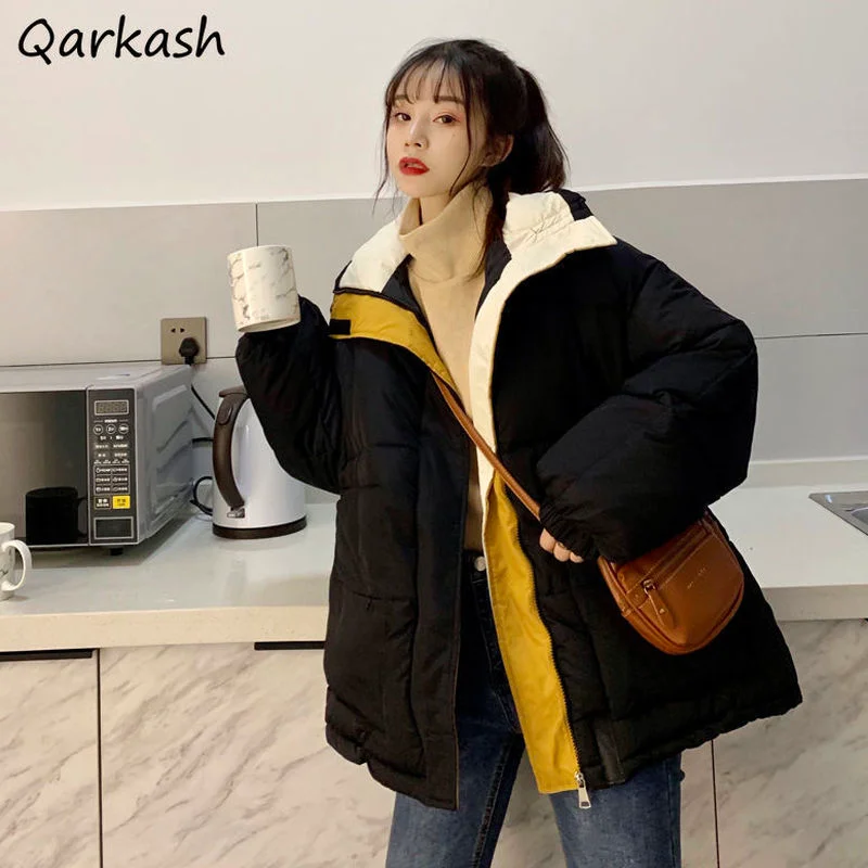 

Parkas Women Patchwork Retro Leisure Chic Ulzzang Unisex All-match Winter Daily Street BF Style Mujer Ins New Arrival Warm Cozy