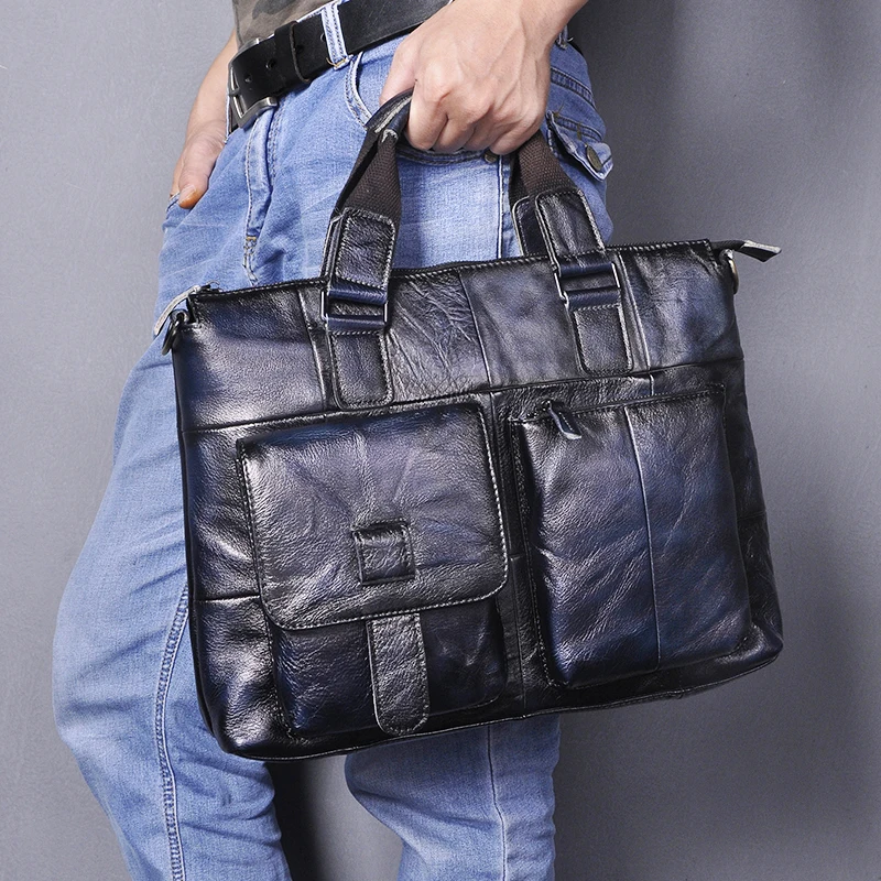 Men Original Real Leather Blue Fashion Business Briefcase 15&quot Laptop Case Attache Portfolio Bag One Shoulder Messenger B260 | Багаж и