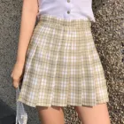 Юбка-мини в клетку, с завышенной талией, в винтажном стиле, синяяжелтая, трапециевидная, в складку, 2021
