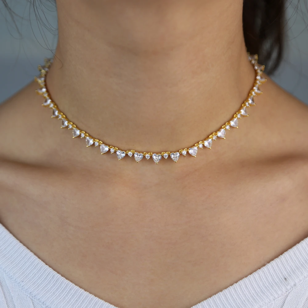 2021 Gold Silver Color Delicate Iced Out Sparking Bling White CZ Heart Link Chain Necklace For Girl Women Choker Fashion Jewelry | Украшения
