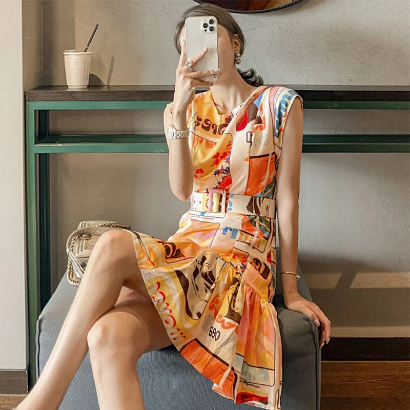 

Fashion Korean Vintage Short Sleeve Mini Party Dress Ladies Elegant Coffee Break Casual Print Sashes Ruffle Beach Short Dress