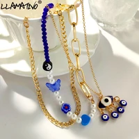 multilayer blue evil eye pendant pearl beaded choker necklace for women cute flower heart metal chain necklace new party jewelry