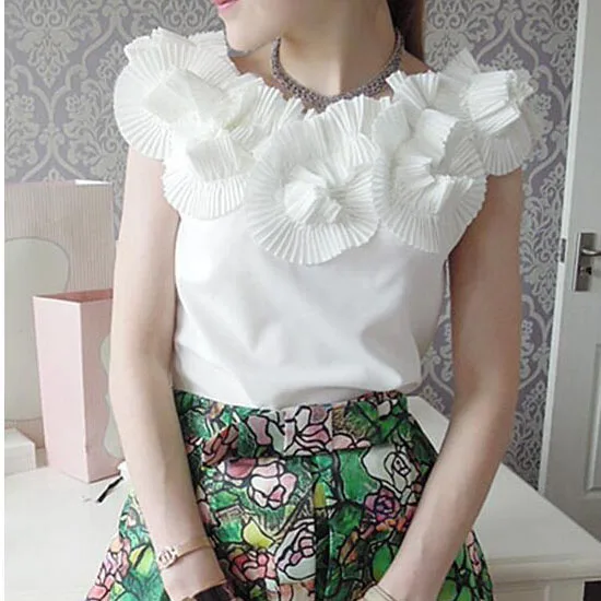 

Summer Korean top with three-dimensional flower and one line Collar Chiffon sweet princess style sleeveless top
