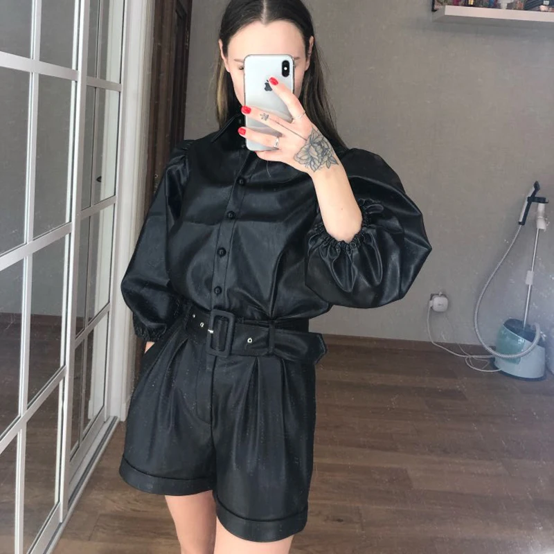 Женская блузка из искусственной кожи с рукавами фонариками|Блузки| |