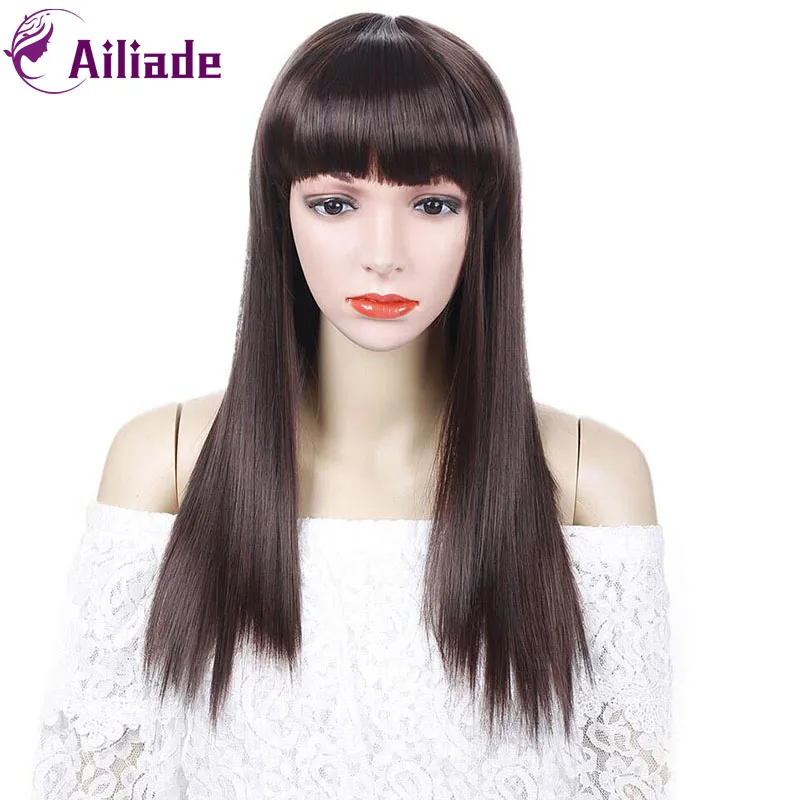 AILIADE длинные прямые темно коричневый синтетические парики с челкой для Для
