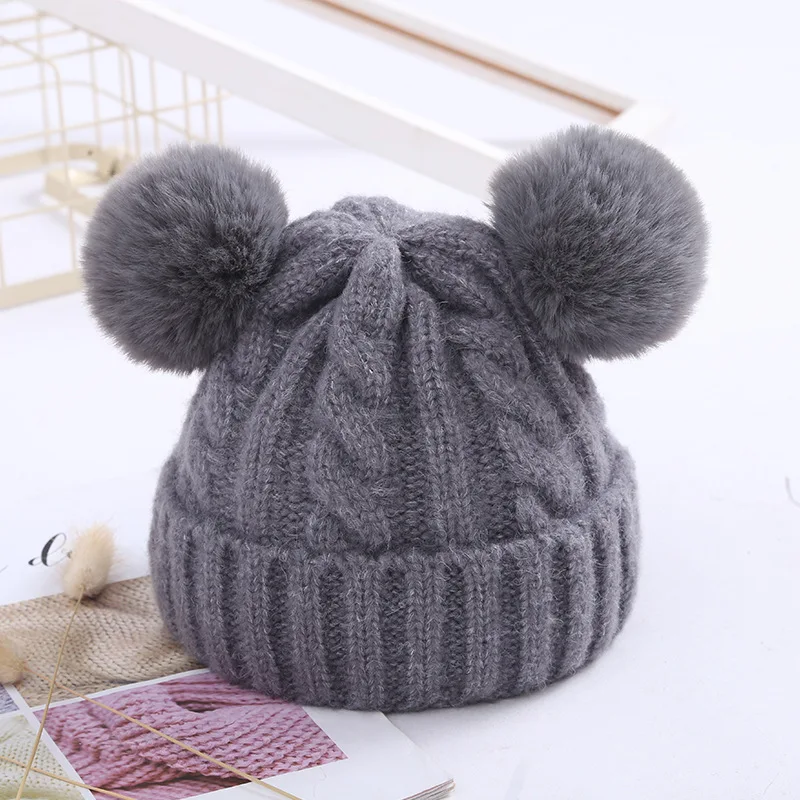 

Knitting Wool Ball Caps With Flanged Baby Hats Autumn Winter Warm Hats Two Ball Hats Tide Boys And Girls New