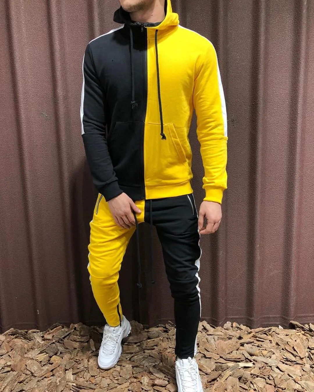 Muscle Man Hip Hop Style Street Sport Wear Color Contrast Spliced Jogger Tracksuits Fitness Two piece Sets suits