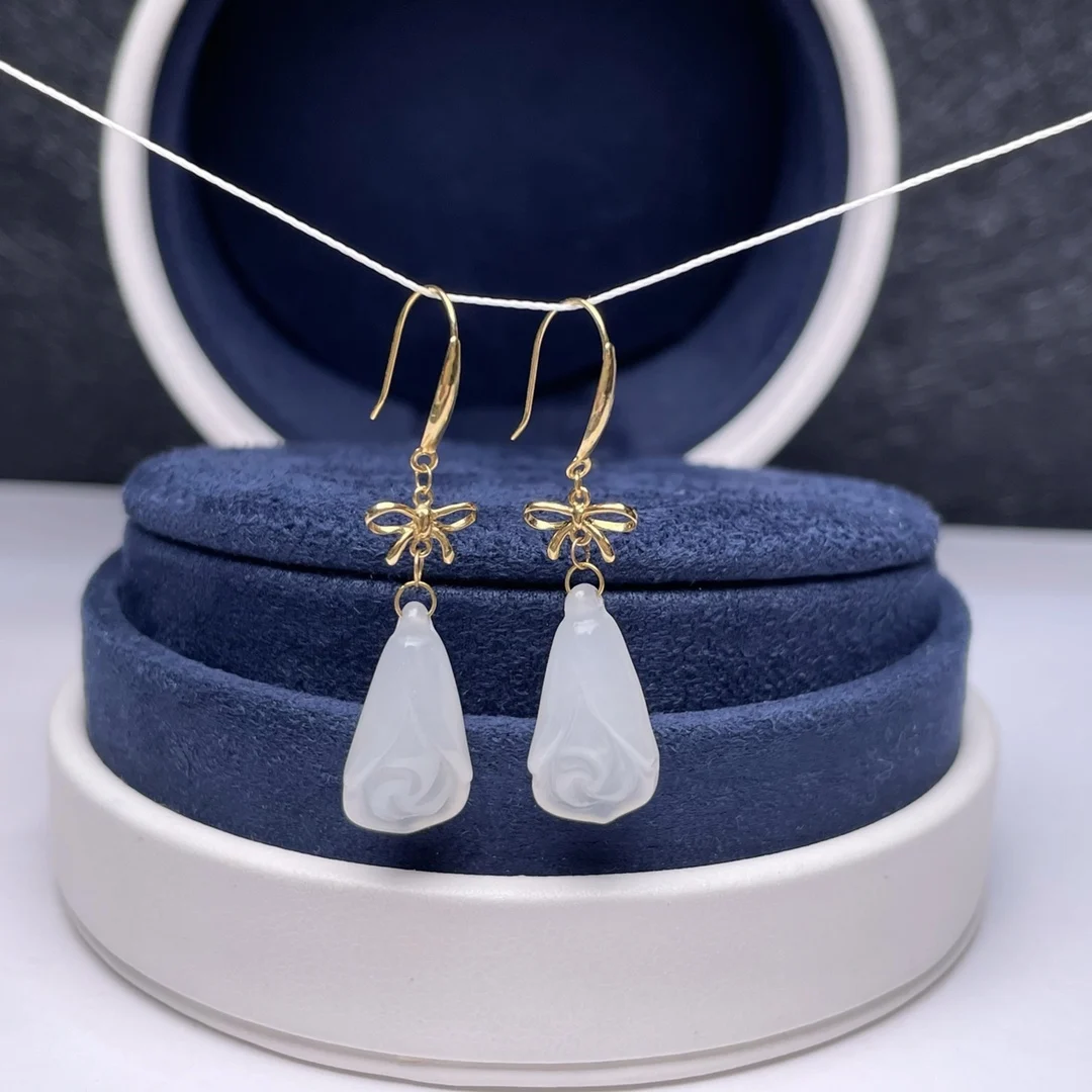 

SHILOVEM 18k yellow gold Natural white Jasper drop earrings classic fine Jewelry women wedding gift new plant myme0917554hby