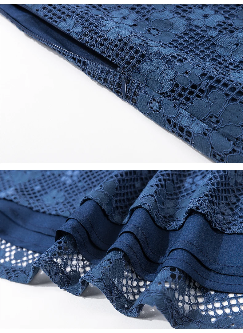 

Three 2021 Spring Vintage Quarter Sleeve Blue Lace Dress for Women