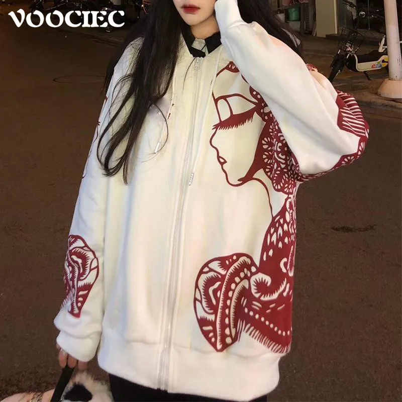 

VOOCIEC Осенняя Женская толстовка в китайском стиле с бумажным принтом, Спортивная Повседневная Свободная Толстовка для мужчин и женщин, пальт...